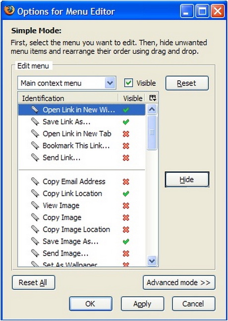 Firefox Menu Editor gestione add-on plugin