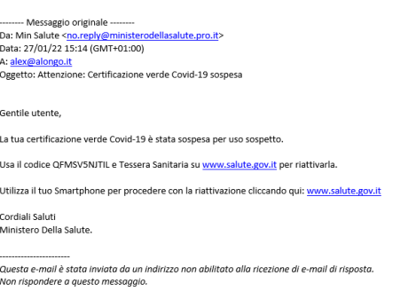 Certificazione verde Covid-19 sospesa mail truffa